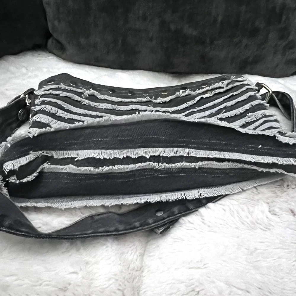 Handcrafted Purse One‎ of a Kind Fringed Denim Crossbody Bag Black White Studded